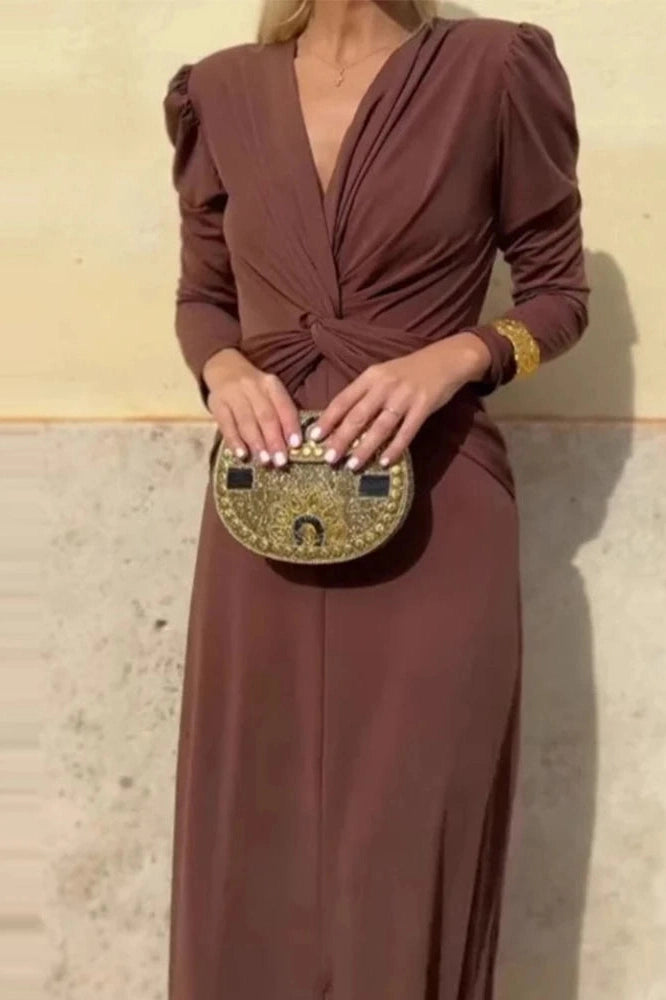 Glorol - Elegant V-Neck Slim Long Sleeve High Waist Maxi Dress