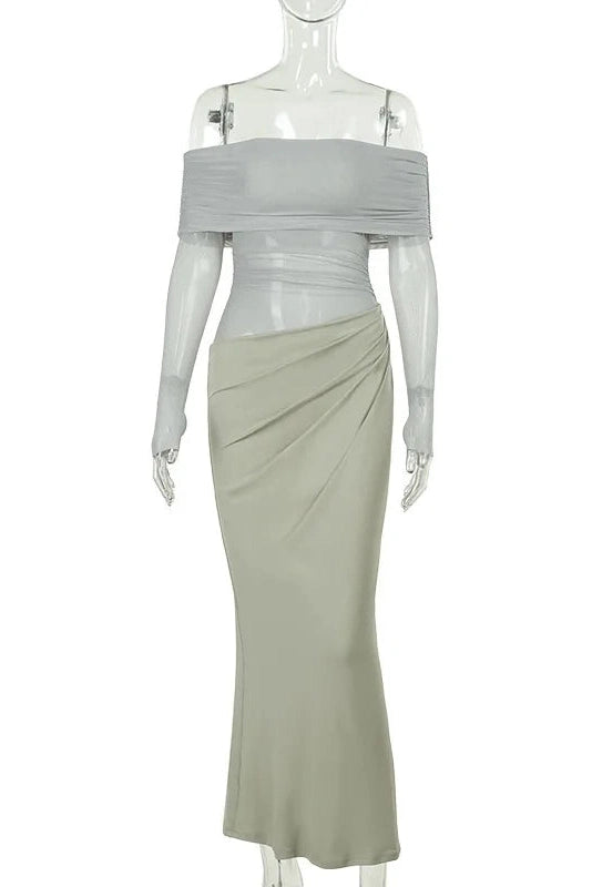 Glorol - Off-shoulder Strapless Long Sleeve See Through Maxi Dress