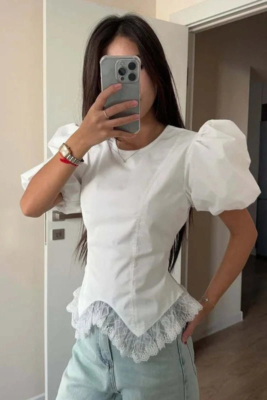 Glorol - Lace-Up Short Sleeve Patchwork Slim Top