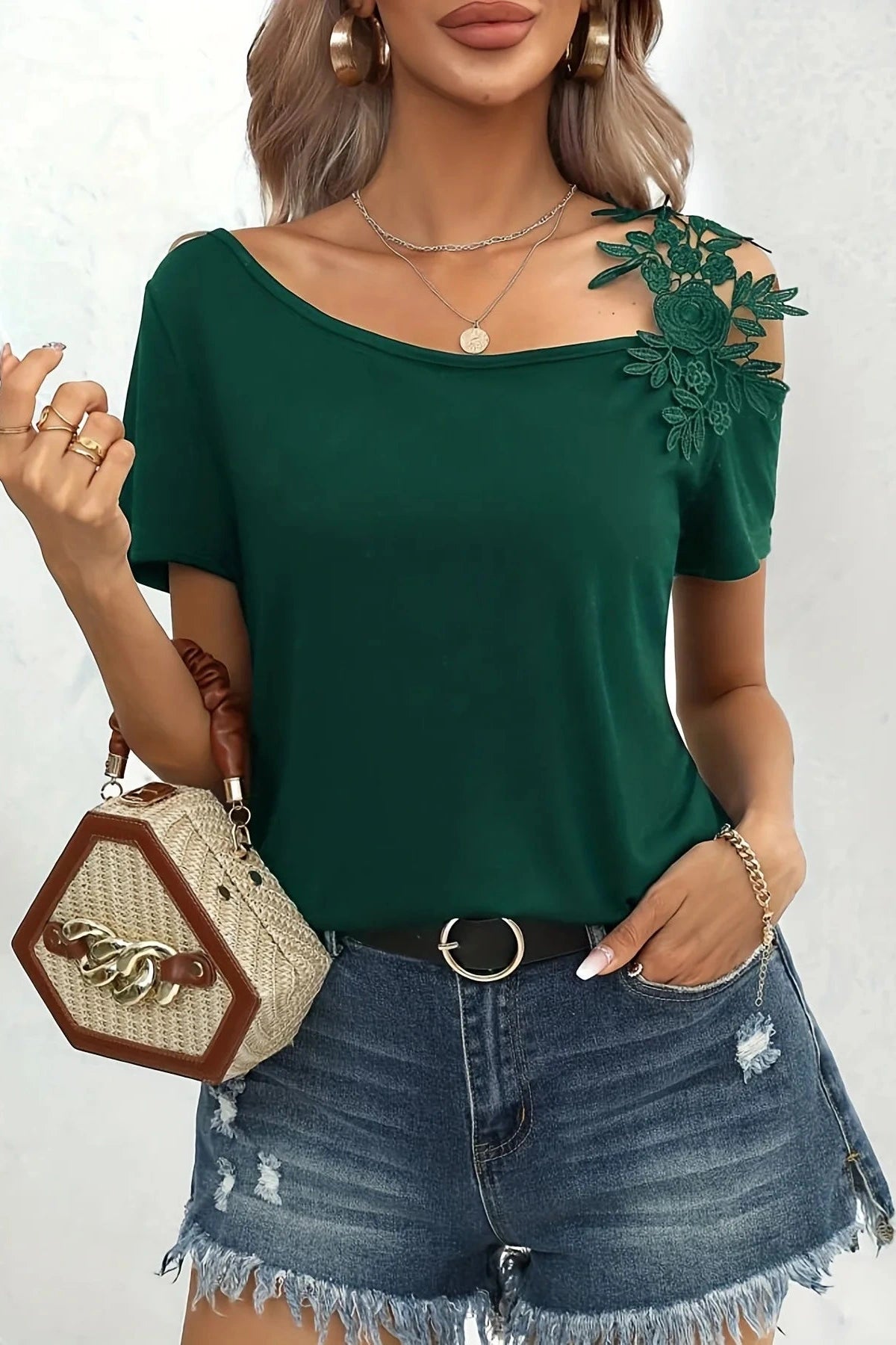 Glorol - Short-Sleeved Embroidered Shoulder Straps Top