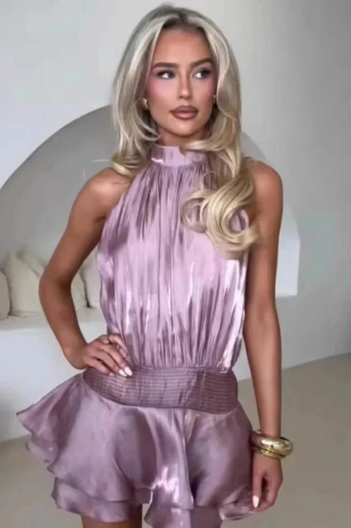 Glorol - Elegant Pleated Backless Sleeveless High Waist Mini Dress