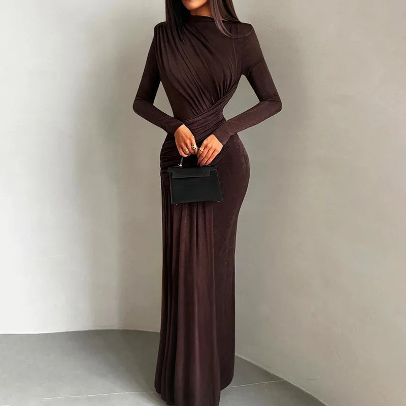 Glorol - Round Neck High Waist Long Sleeve Maxi Dress