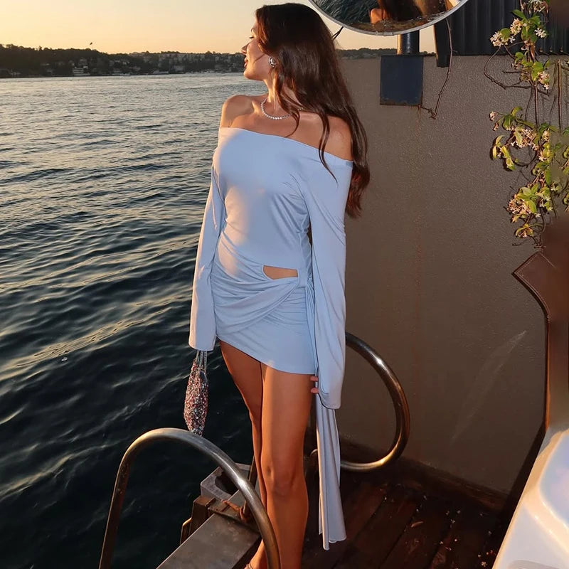 Glorol - Off Shoulder Lace Up Long Sleeve Slim Mini Dress