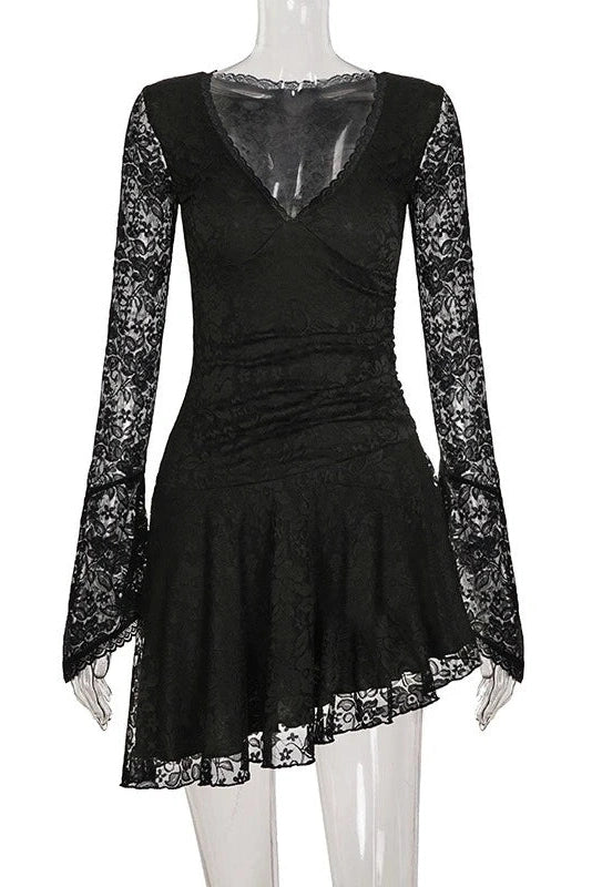 Glorol - Hollow Out Lace Flare Sleeves Deep V-Neck Slim Mini Dress