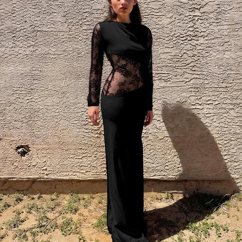 Glorol - Elegant Patchwork See Through High Waist Maxi Dress