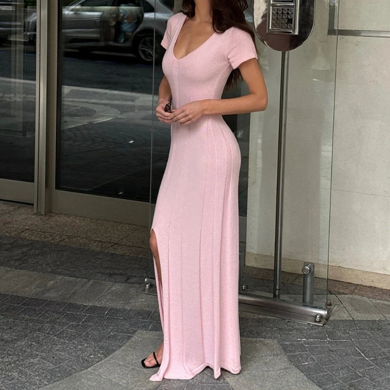 Glorol - Knitted V-Neck Slit Short Sleeve Slim Maxi Dress