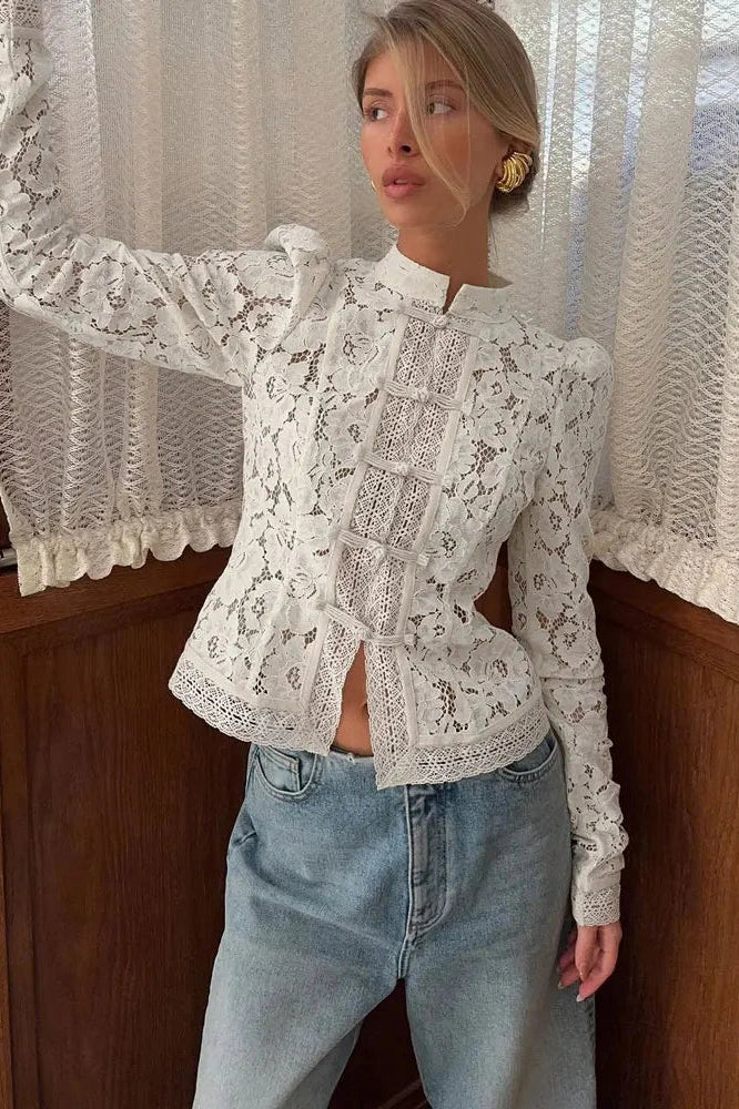 Glorol - Hollow Out Lace Printed Top