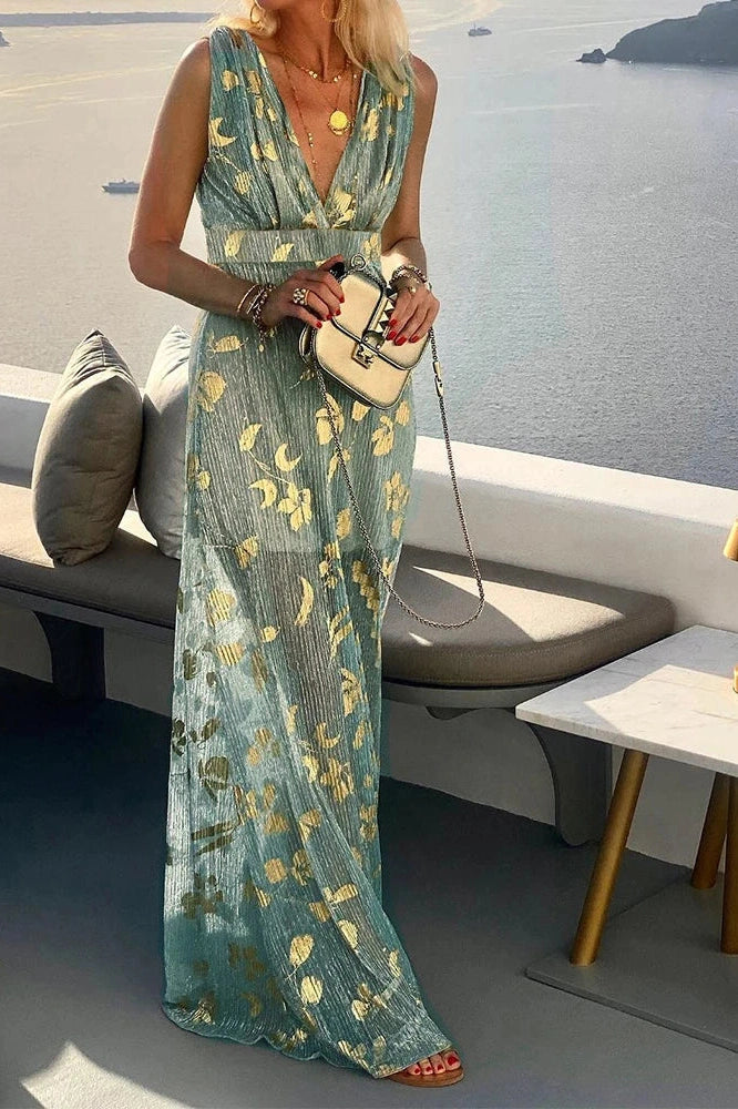 Glorol - Hollow High Waist Printed Sleeveless Deep V Neck Maxi Dress