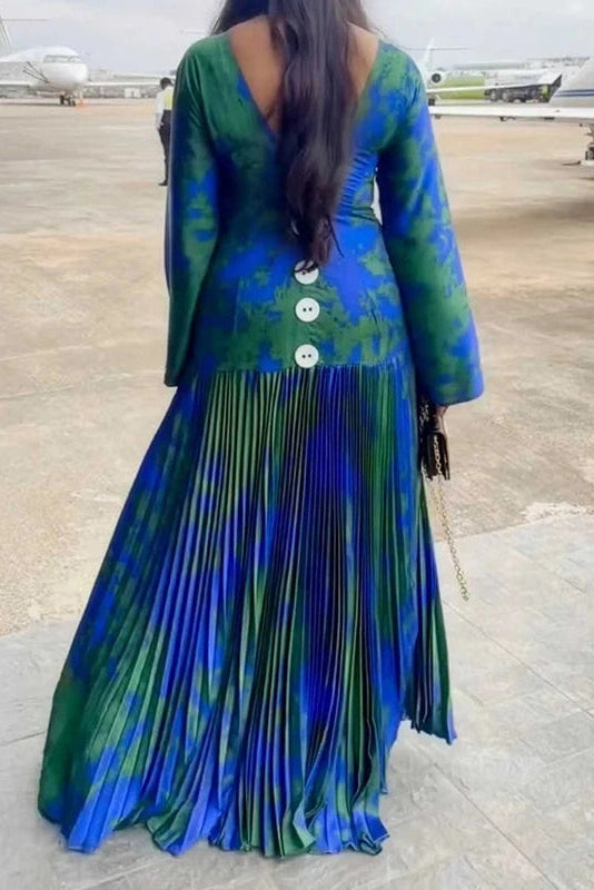 Glorol - Long Sleeve High Waist Printed O-Neck Maxi Dress
