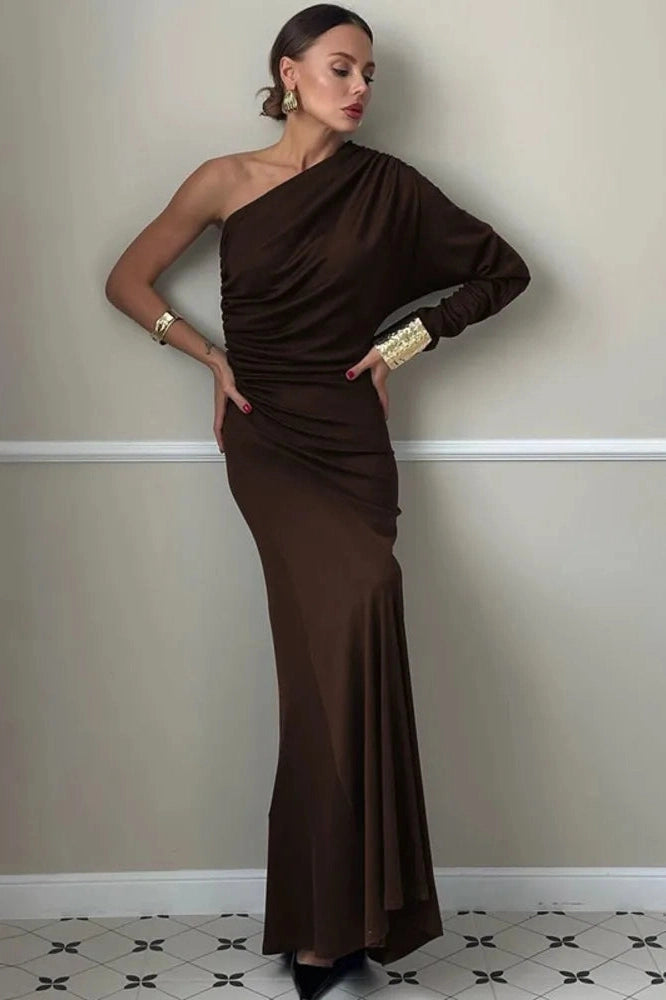 Glorol - Inclined Shoulder One Sleeve Backless Irregular Maxi Dress