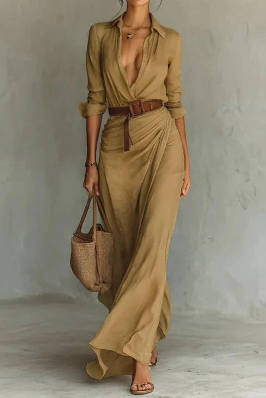 Glorol - Elegant Long Sleeve High Waist Single Breasted Maxi Dress
