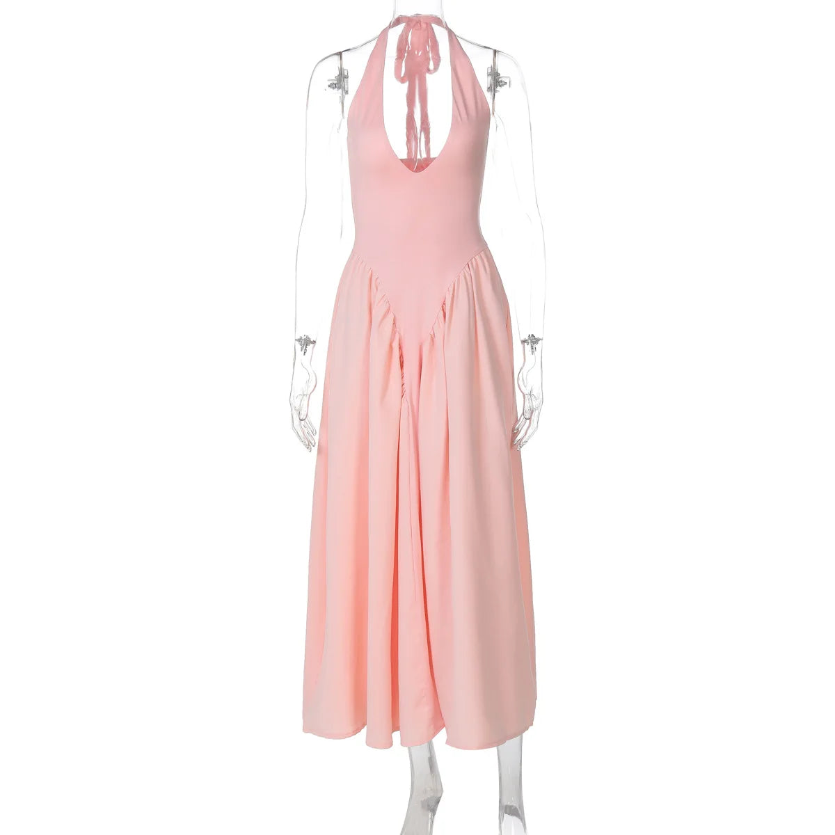 Glorol - Deep V Neck A-Line Pleated Midi Dress