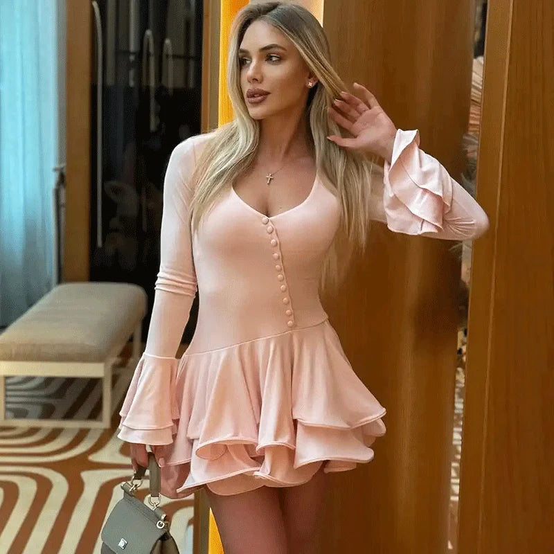 Glorol - Elegant V-Neck Button Patchwork Mini Dress