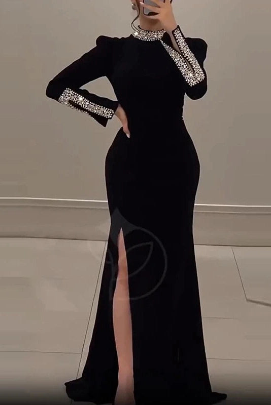 Glorol - Elegant High Slit Long Sleeve Slim Turtleneck Maxi Dress