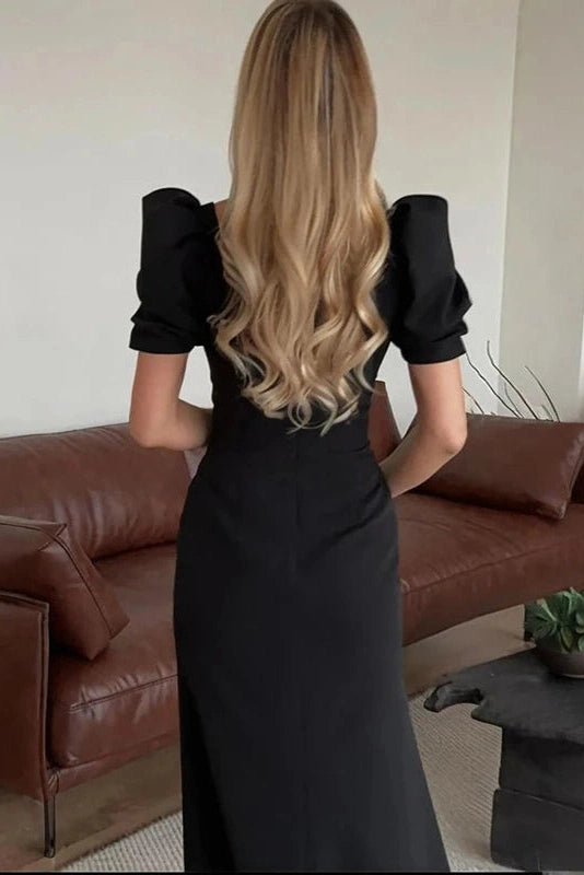 Glorol - Elegant Square-Neck Short-Sleeved Slim Midi Dress