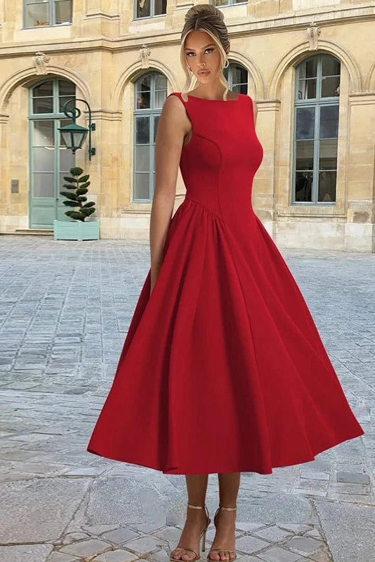Glorol - Sleeveless Pleated O Neck High Waist A-Line Midi Dress