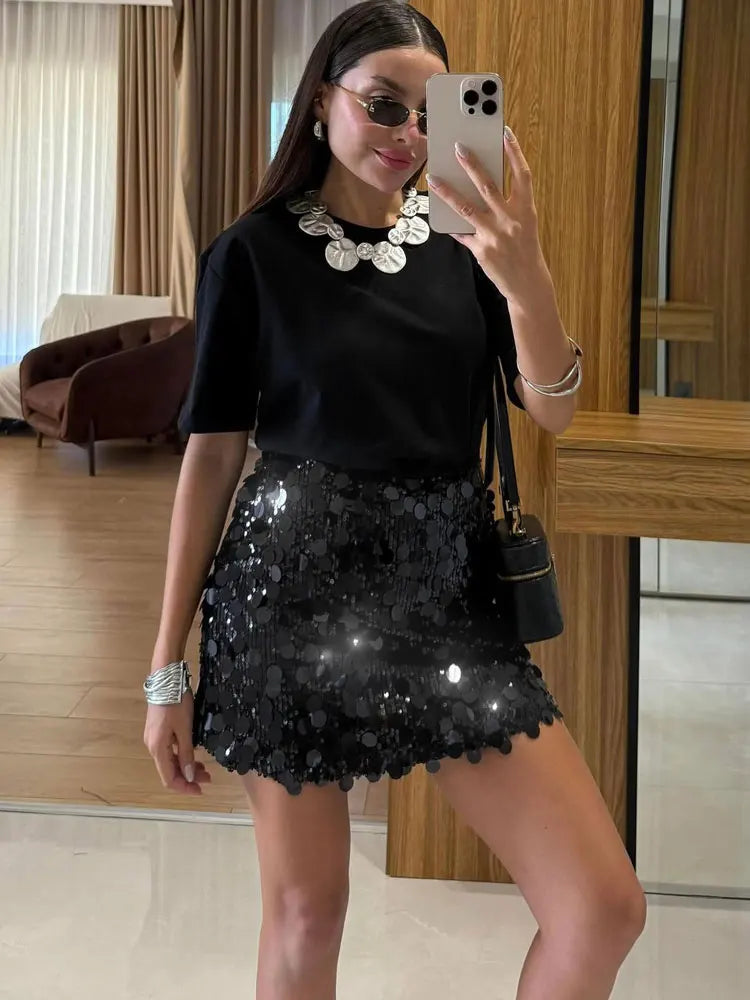 Glorol - High Waist Sequin Patchwork Skirt