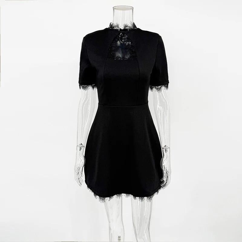 Glorol - Hollow Lace High Waist Short Sleeve Mini Dress