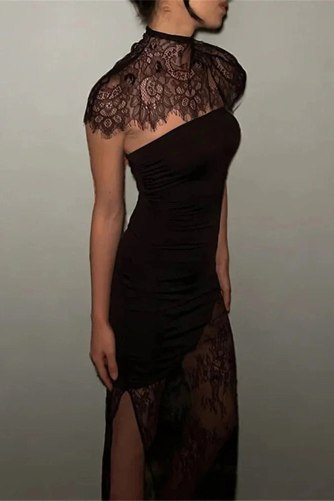 Glorol - Lace Printed See-Through Turtleneck Patchwork Maxi Dress