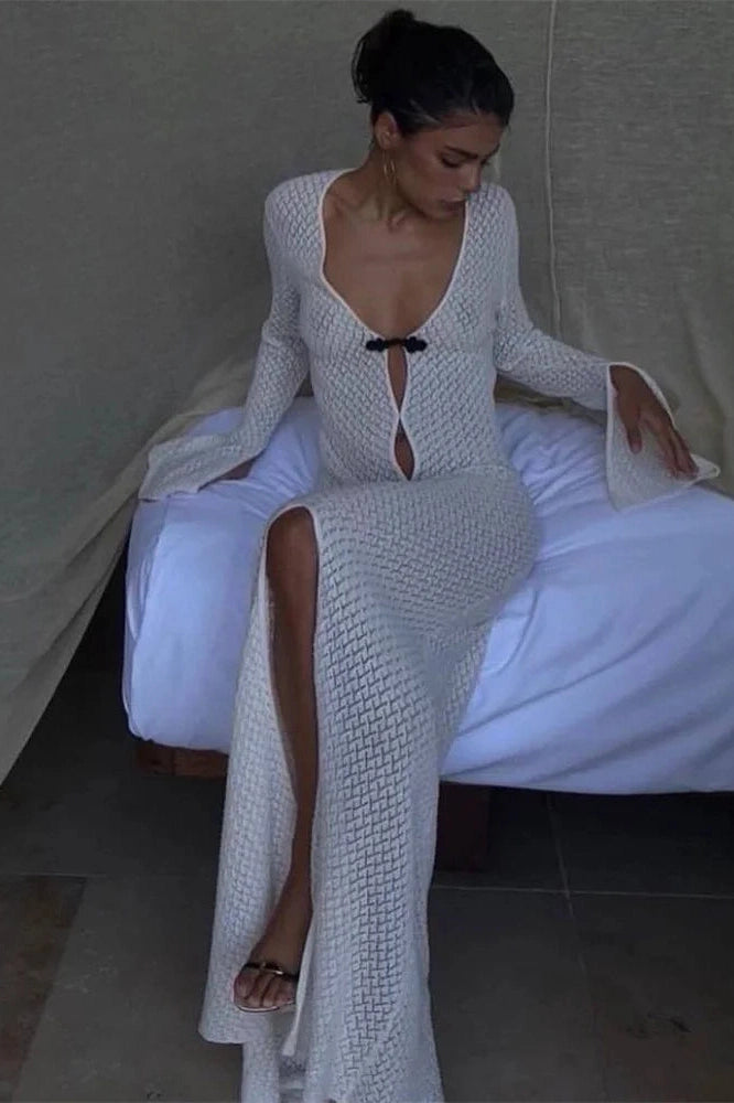 Glorol - Hollow Out Loose Long Sleeve V-Neck Maxi Dress