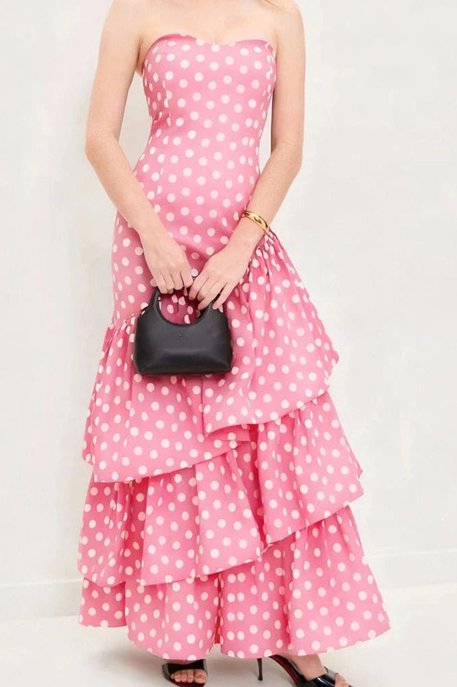 Glorol - Elegant Off Shoulder High Waist Polka Dot Print Maxi Dress