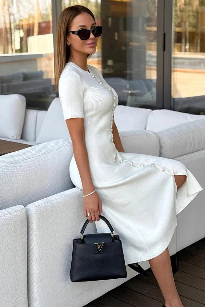 Glorol - Elegant Knit Short Sleeve Slim High Waist Midi Dress