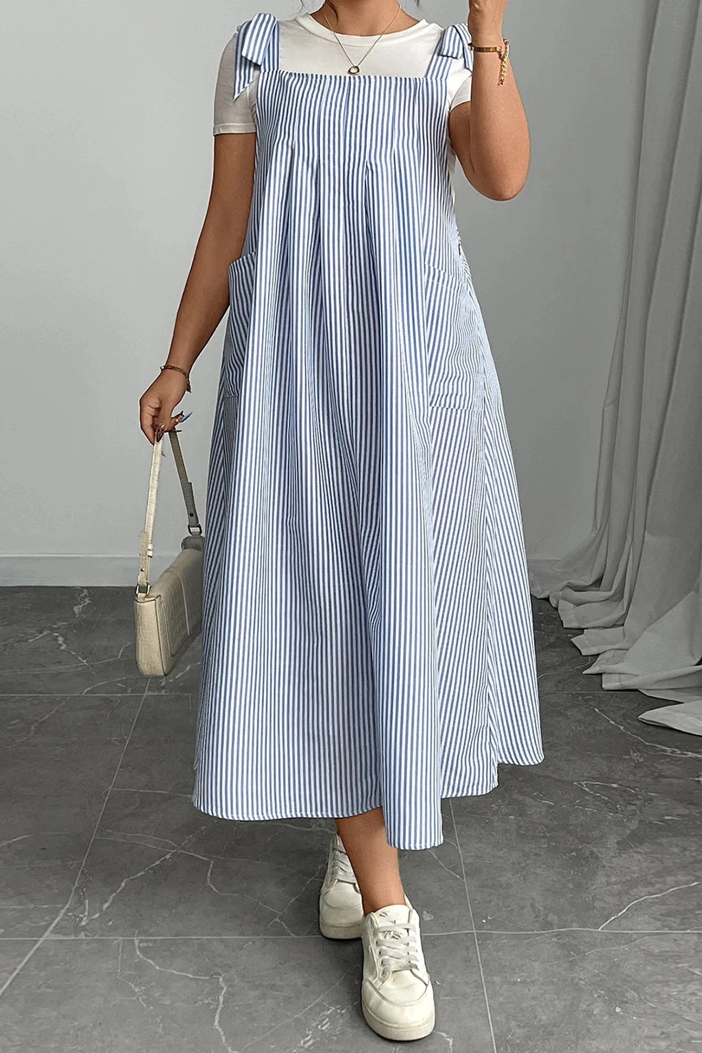 Glorol - Sleeveless Tie Shoulder Striped Loose Maxi Dress