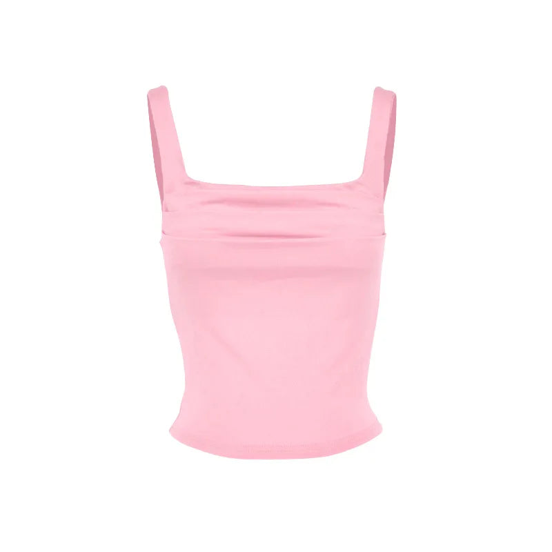 Glorol - Slim Backless Square Collar Pleated Sleeveless Top