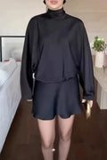 Glorol - High Waist Pleated Turtleneck Loose Mini Dress