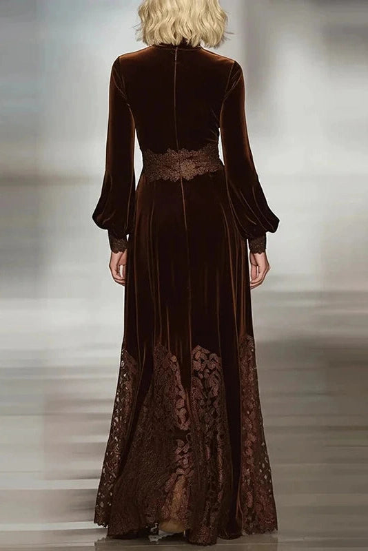 Glorol - Long Sleeve Pleated High Waist Printed Maxi Dress