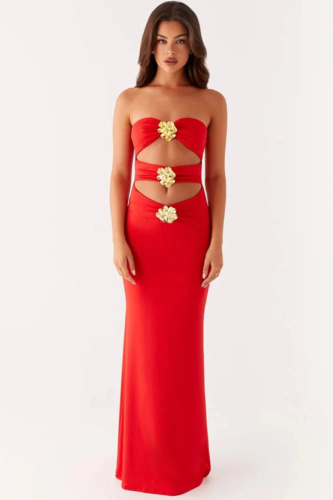 Glorol - Hollow Out Strapless Off-Shoulder Backless Bodycon Maxi Dress