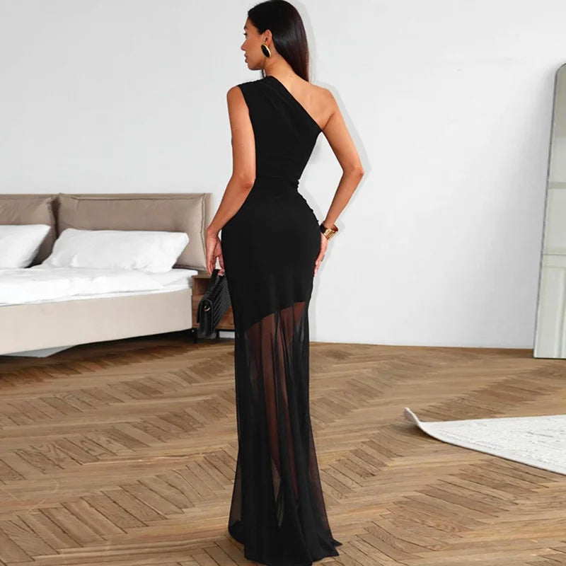 Glorol - Off Shoulder See Through Patchwork Backless Maxi Dress