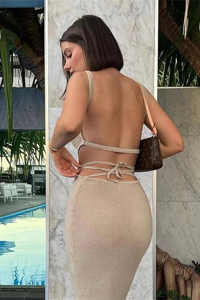 Glorol - Spaghetti Strap Knitted Backless Bodycon Maxi Dress