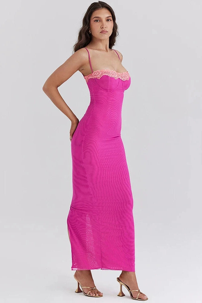 Glorol - Lace Spaghetti Strap Patchwork Sleeveless Bodycon Maxi Dress