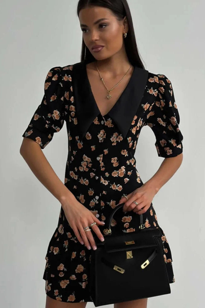 Glorol - Short Sleeve Turn-down Collar Mini Dress