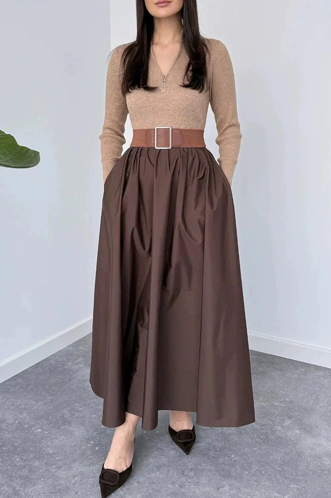 Glorol - Elegant Zipper Pleated Knitted High Waist Maxi Dress