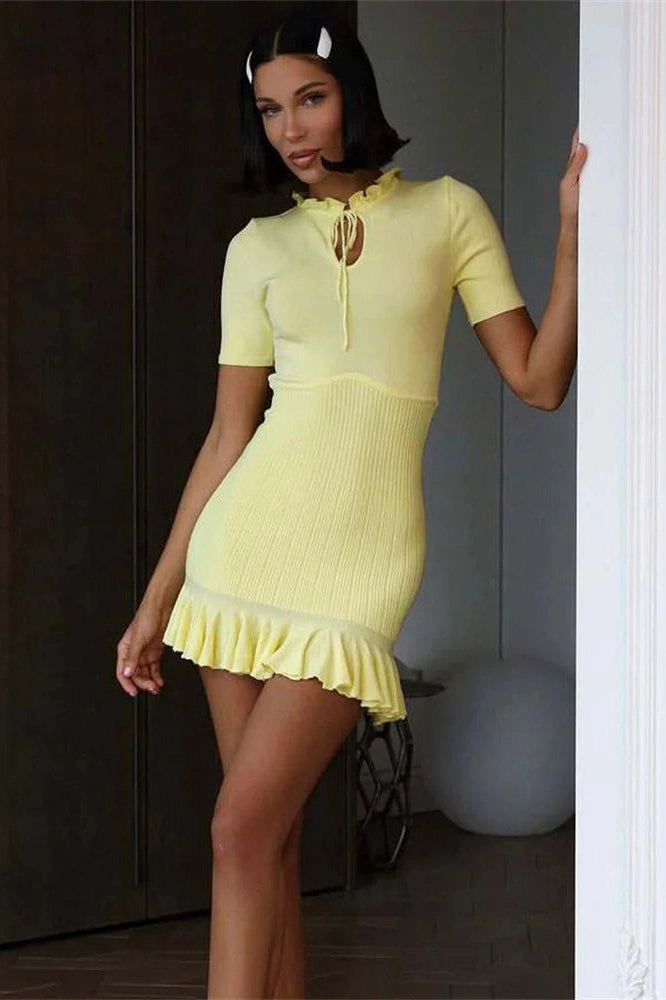 Glorol - Hollow Out High Waist Patchwork Lace-Up Mini Dress