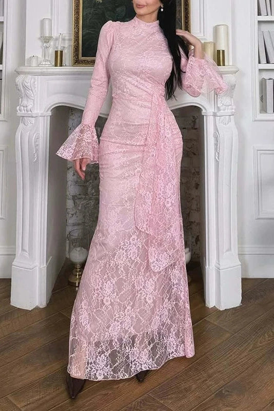 Glorol - O-Neck Lace High Waist Long Sleeve Pleated Maxi Dress