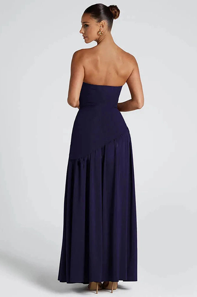 Glorol - Off-Shoulder Scarf Collar Strapless Sleeveless High Split Maxi Dress