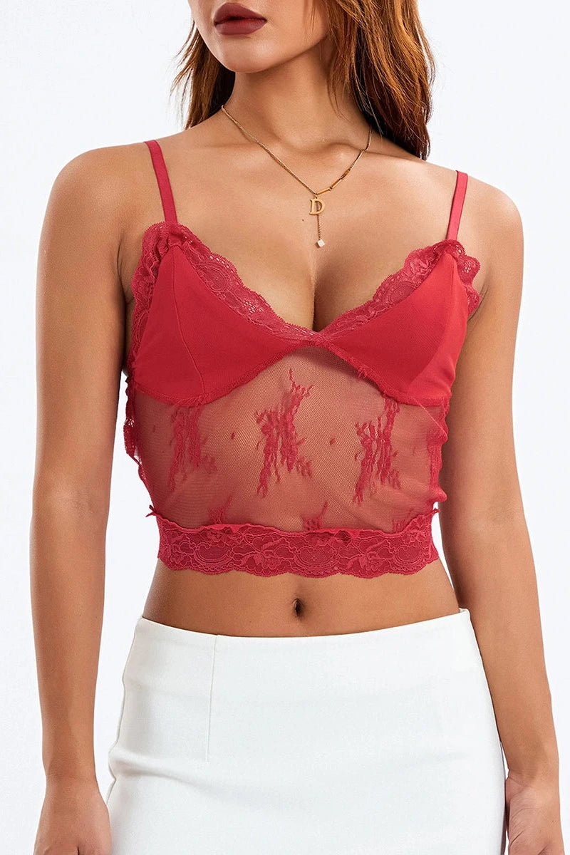 Glorol - Lace Patchwork Sleeveless V-Neck Top