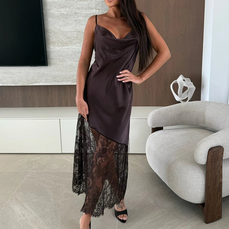 Glorol - Elegant Lace V Neck Maxi Dress