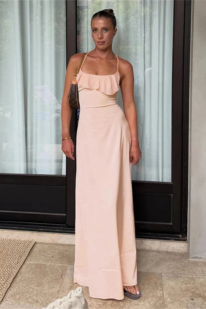 Glorol - Backless Lace-Up Patchwork Slim Maxi Dress