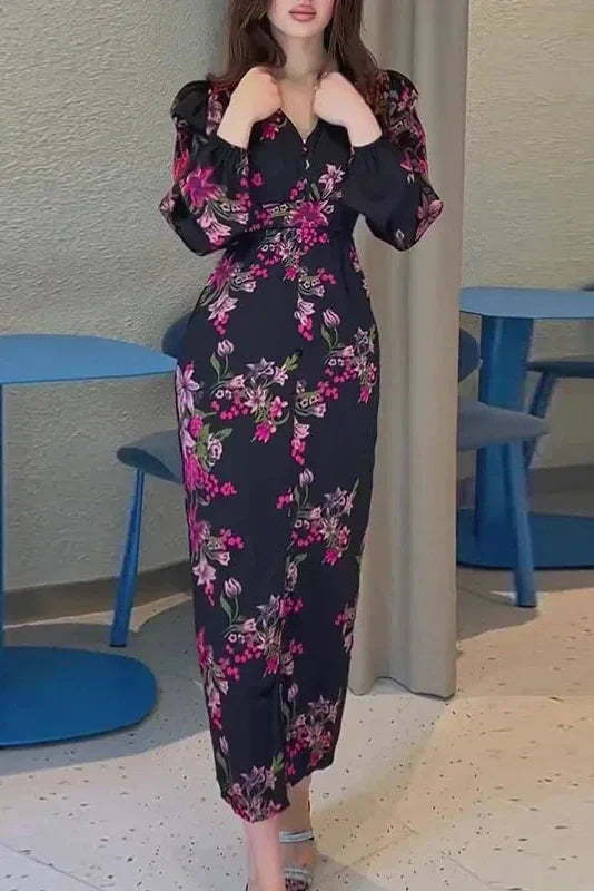 V-Neck Printed Long Sleeve Slim High Waist Maxi Dress