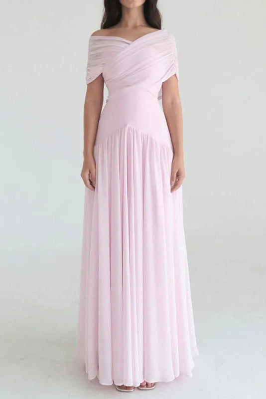 Glorol - Off Shoulder High Waist Pleated Maxi Dress