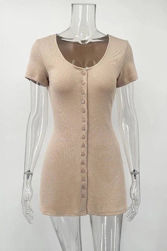 Glorol - Elegant Knitted V Neck Short Sleeve Mini Dress
