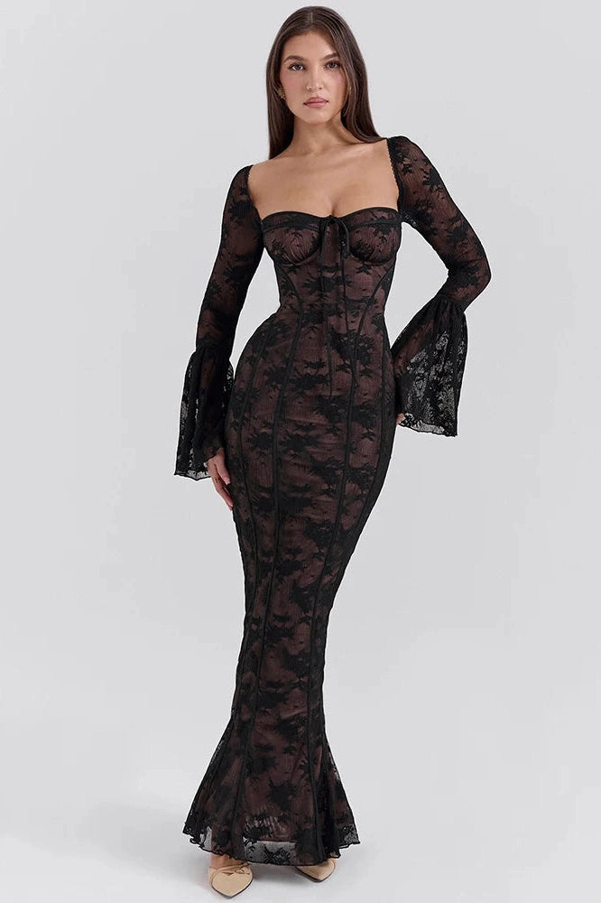 Glorol - Lace Print Long Flare Sleeve Square Collar Maxi Dress