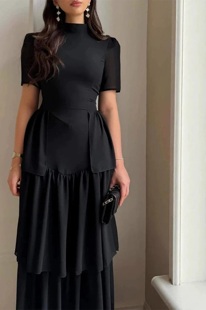 Glorol - O-Neck Pleat High Waist Maxi Dress