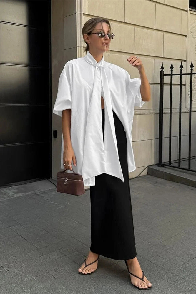 Glorol - Lace-Up Short Sleeve Loose Patchwork Top