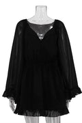 Glorol - See-Through Long Sleeve Square Collar High Waist Pleated A-Line Mini Dress