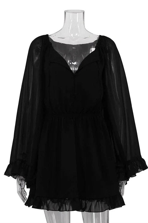Glorol - See-Through Long Sleeve Square Collar High Waist Pleated A-Line Mini Dress